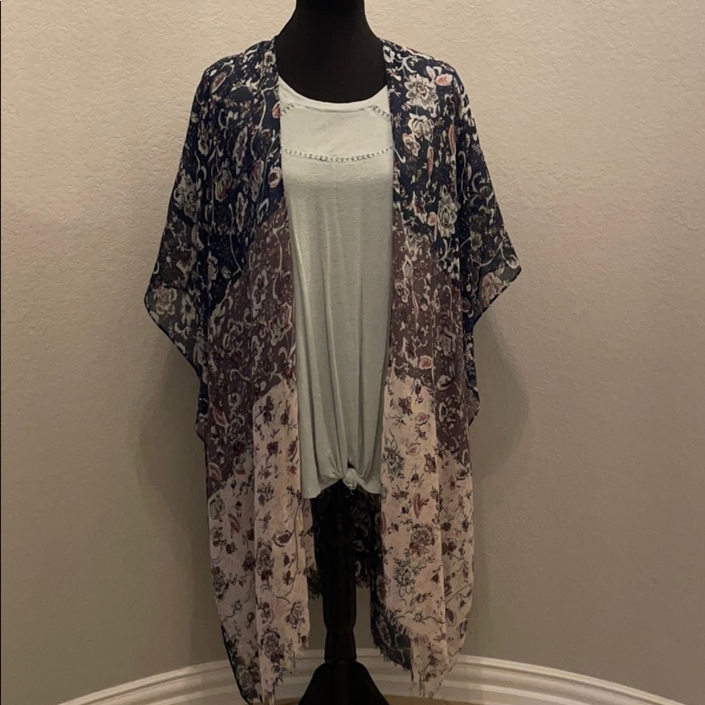 Floral Kimono Cardigan - Blue and Cream